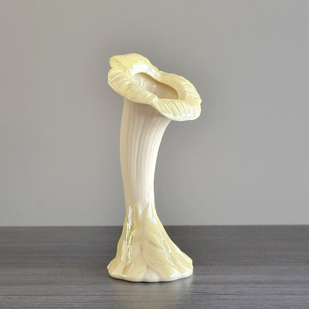 Vintage Belleek Sunflower Bud Vase, Embossed Leaves, Yellow Luster, Ireland